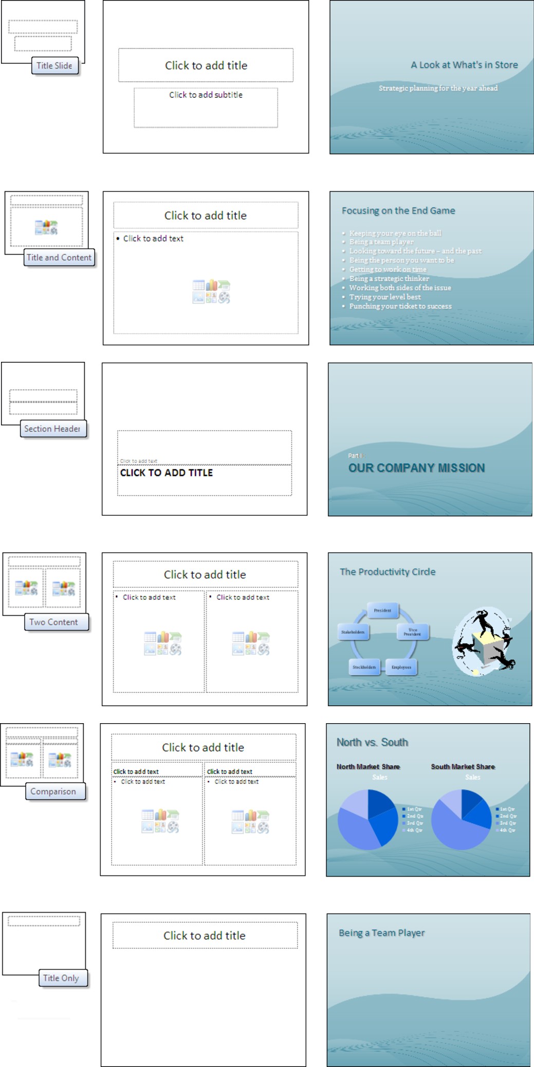 Figure 1-4: The first step in creating a slide is to choose a slide layout. The left side of this figure shows the slide layouts on the Add Slide drop-down list. (continued)